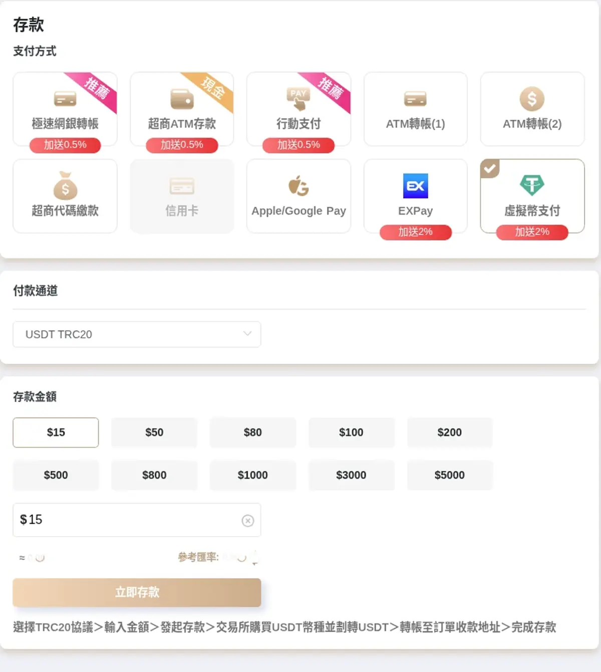 10 月 15 日桌面存款頁選取虛擬幣支付,通道顯示 USDT TRC20 並列金額欄