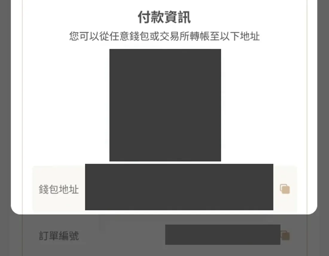 官方 USDT 存款教學的付款資訊示例,二維碼、錢包地址及訂單編號均已遮蔽