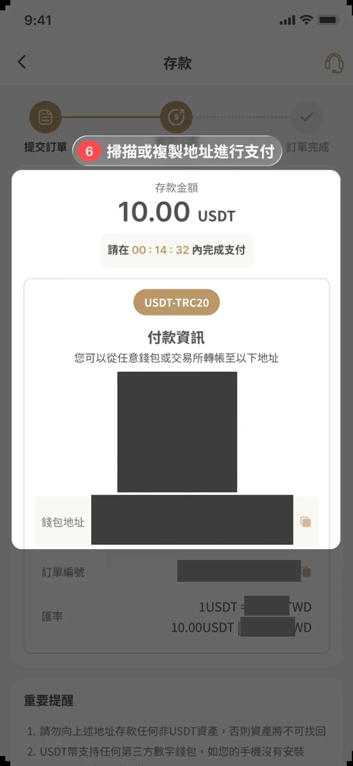 YOU888 官方 USDT 手機教學示例的付款資訊與遮蔽地址