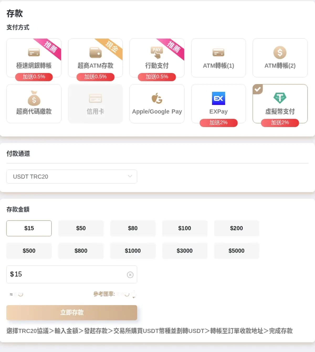 YOU888 電腦虛擬幣支付頁的 USDT TRC20 通道