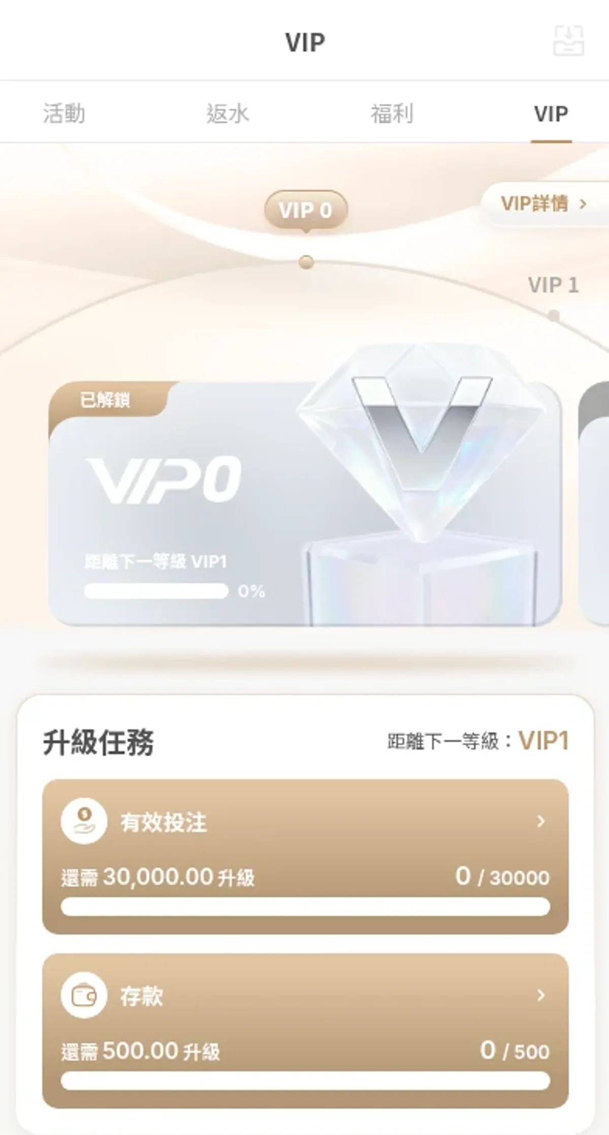 手機 VIP 分頁的目前等級、VIP 詳情入口與有效投注及存款兩項升級任務