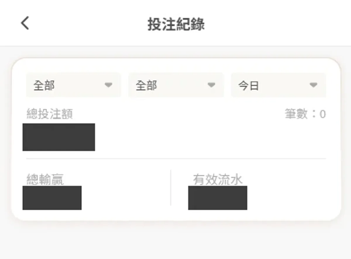 手機投注紀錄頁的日期、總投注額與有效流水欄位